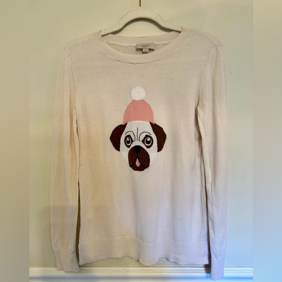 Loft Outlet Women's Cream Sweater with Pug Design Size Medium - Picture 6 of 9